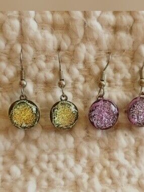 Iridescent Glitter Dichroic Glass Dangle Earrings Green/Lilac